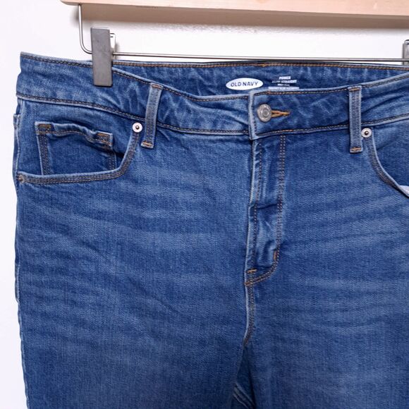 Old Navy Power Slim Straight High Rise Denim Jeans Raw Hem Womens 16 Medium Wash - Picture 4 of 10